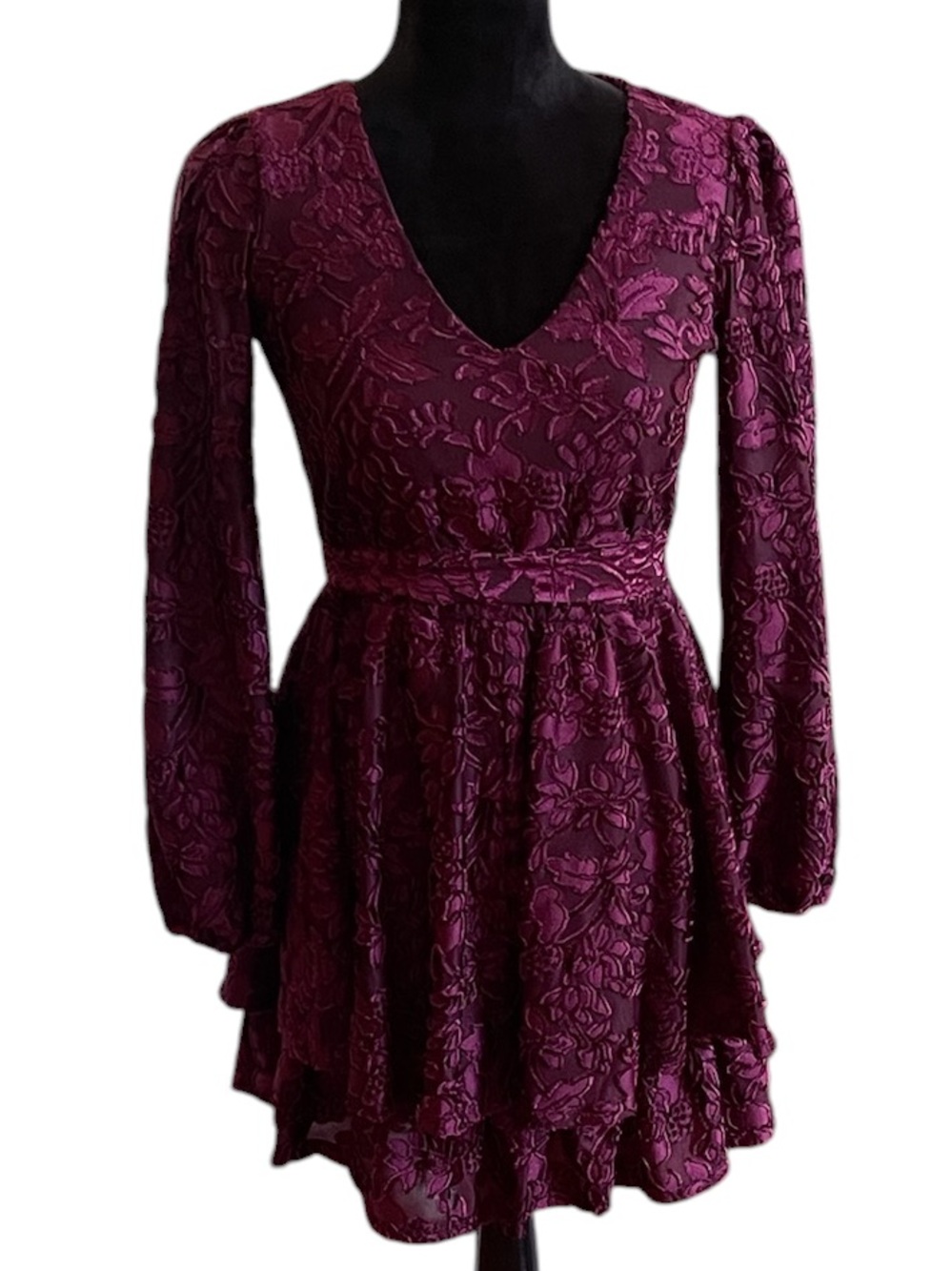 ALLISON & KELLY ROMANTIC MAROON FLORAL VELVET TIERED DRESS SZ SM NWTS!